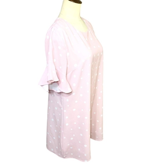 AVA Festival Pink White Polka Dots Crepe Mini Dress Ruffle Short Sleeves Sz M/L - Picture 2 of 10